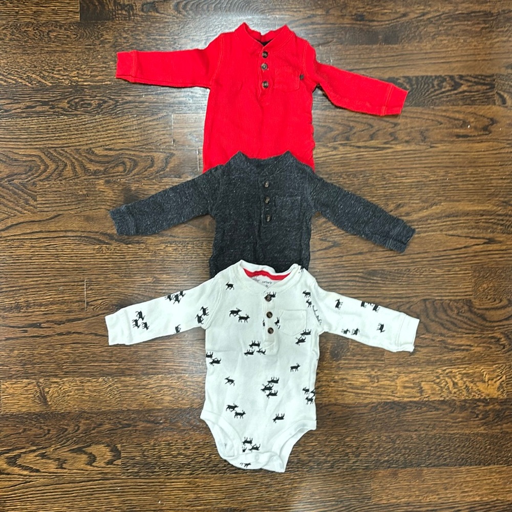 Three Carter’s Thermal Baby Boy Onesies, 9 months